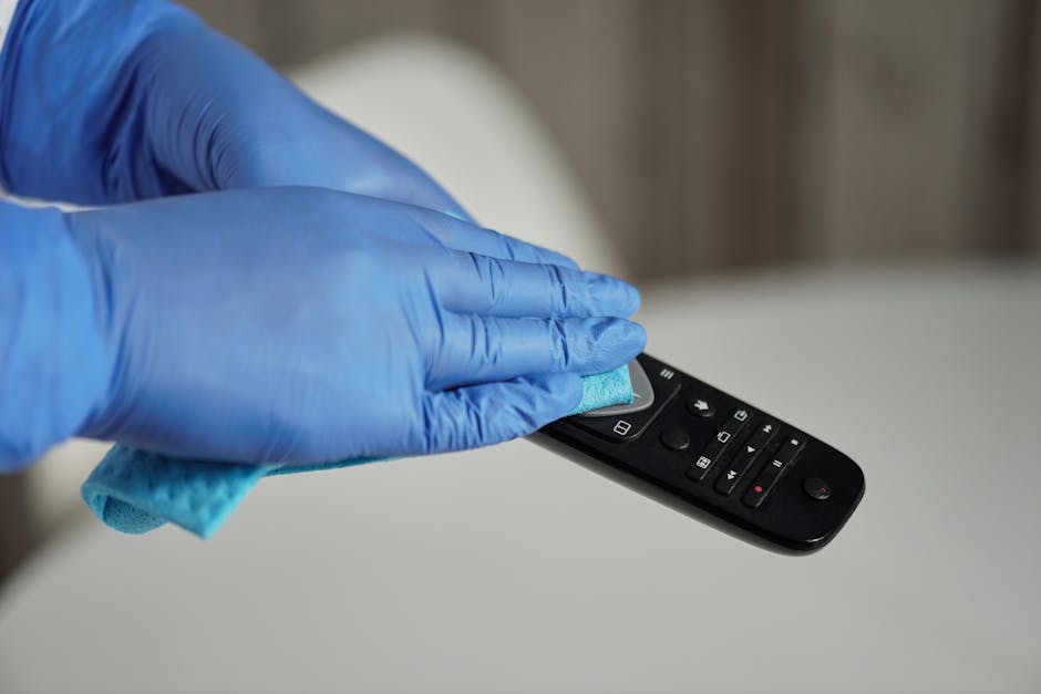 A close-up of a person's hand wearing a blue disposable glove, using a blue cleaning cloth to wipe the surface of a black television remote control. The remote is placed on a white table, and the back